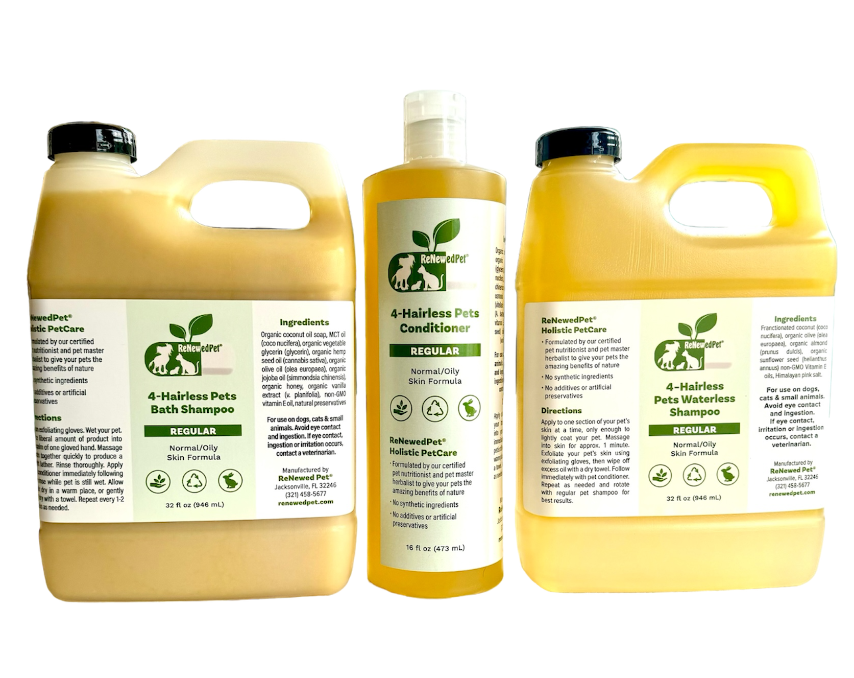 ReNewedPet 4 Nudie Pets hairless pet shampoo, waterless shampoo, and conditioner kit with four 4.59 oz bottles.