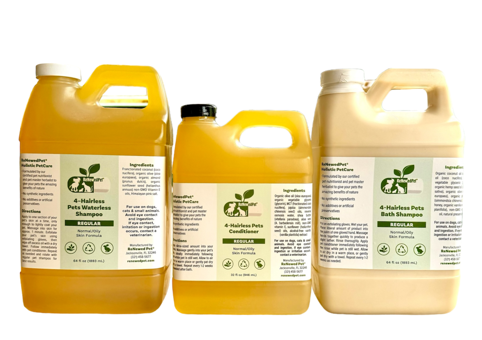 4 Nudie Pets ReNewedPet hairless pet shampoo, waterless shampoo, and conditioner kit shown in a half-size bottle.