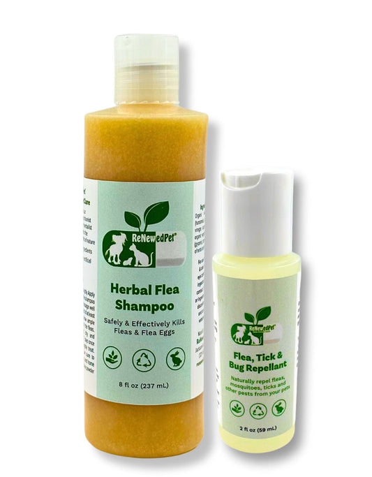 ReNewedPet Flea-X Kit with flea shampoo and bug repellent for dogs and cats, featuring bottles of various sizes and natural ingredients.
