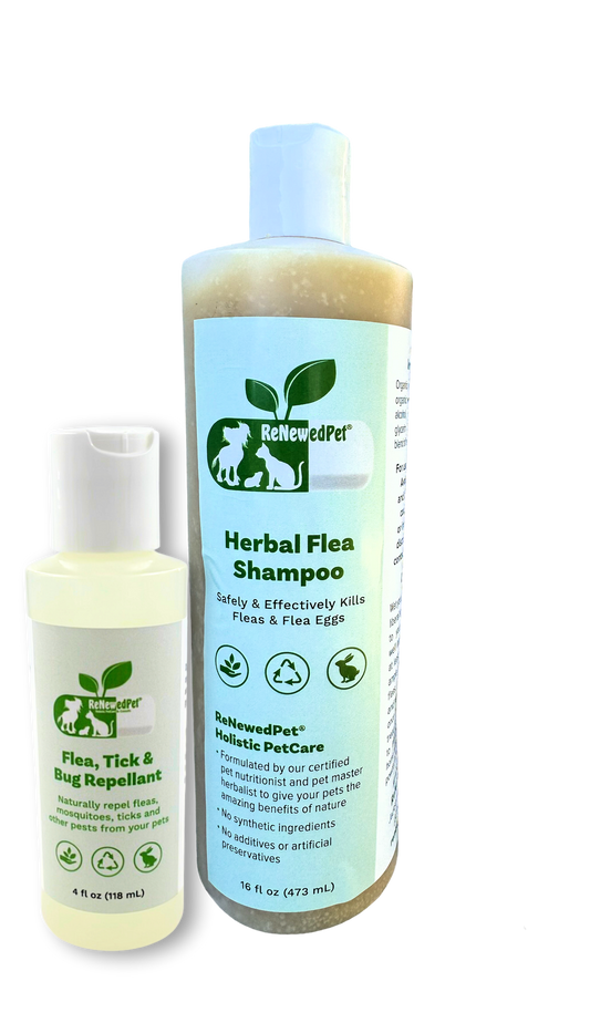 ReNewedPet Flea-X Kit with flea shampoo and bug repellent for dogs and cats, displayed with bottles and packaging.