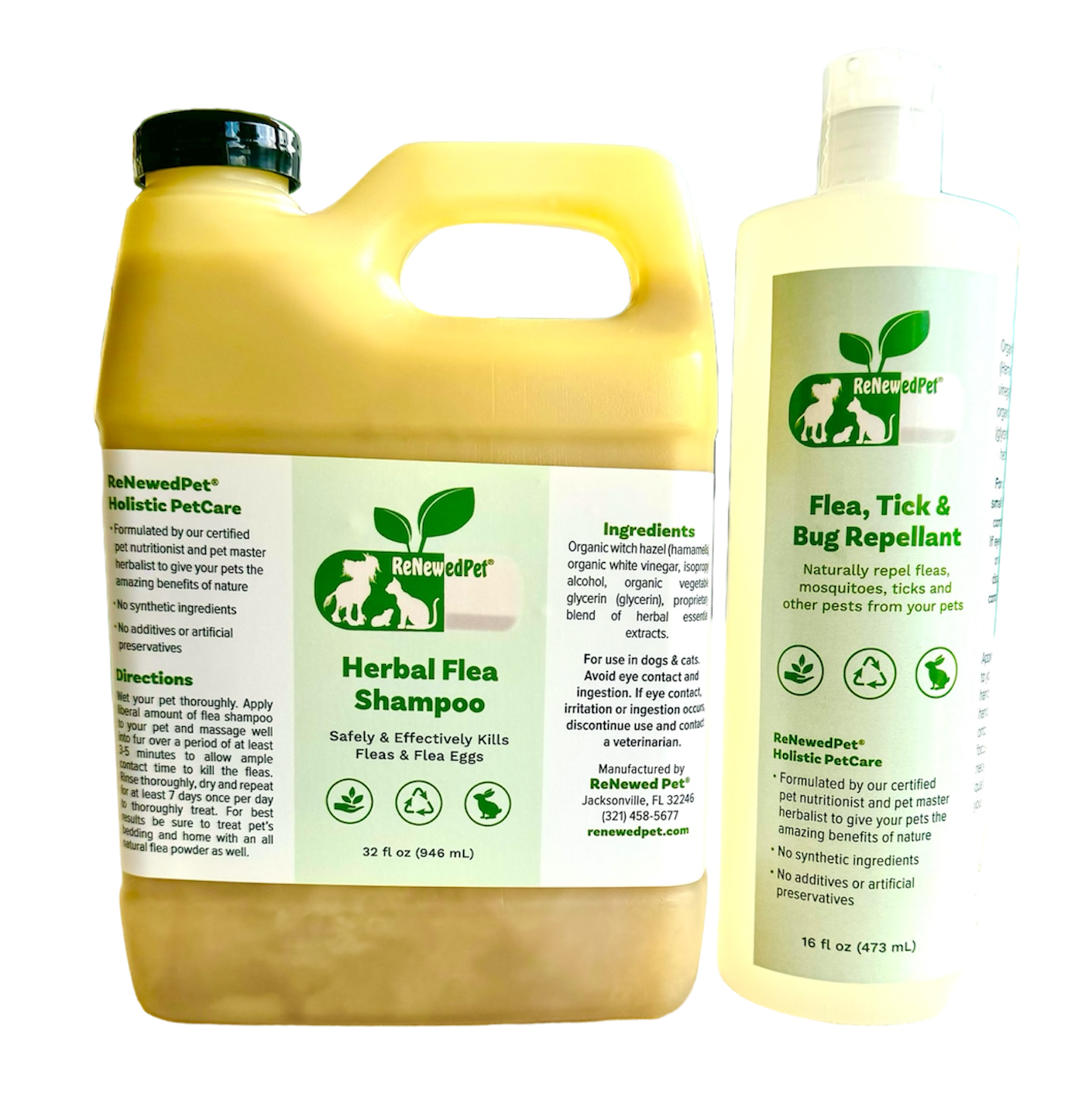 ReNewedPet Flea-X Kit with flea shampoo and bug repellent for pets, featuring bottles of various sizes and clear labels