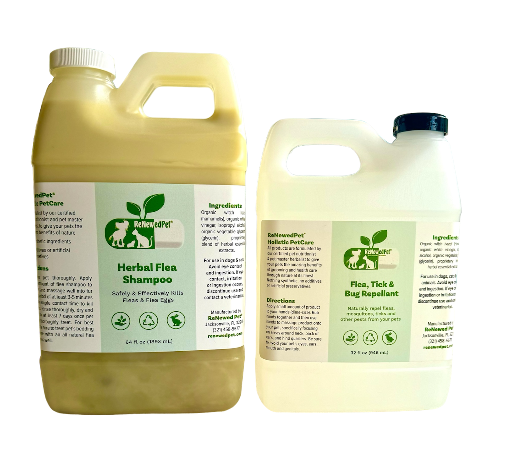 ReNewedPet Flea-X Kit with flea shampoo and tick bug repellent, all-in-one flea and tick treatment for pets, in 2 oz and 8 oz bottles.
