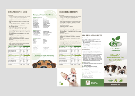 ReNewedPet homemade pet food recipe pamphlet showing colorful pages with pet nutrition tips and healthy recipes for dogs and cats.