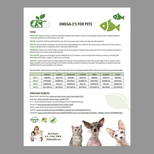 ReNewedPet Omega 3 Fatty Acids supplement for pets, showing the bottle with fish oil capsules on a white background.