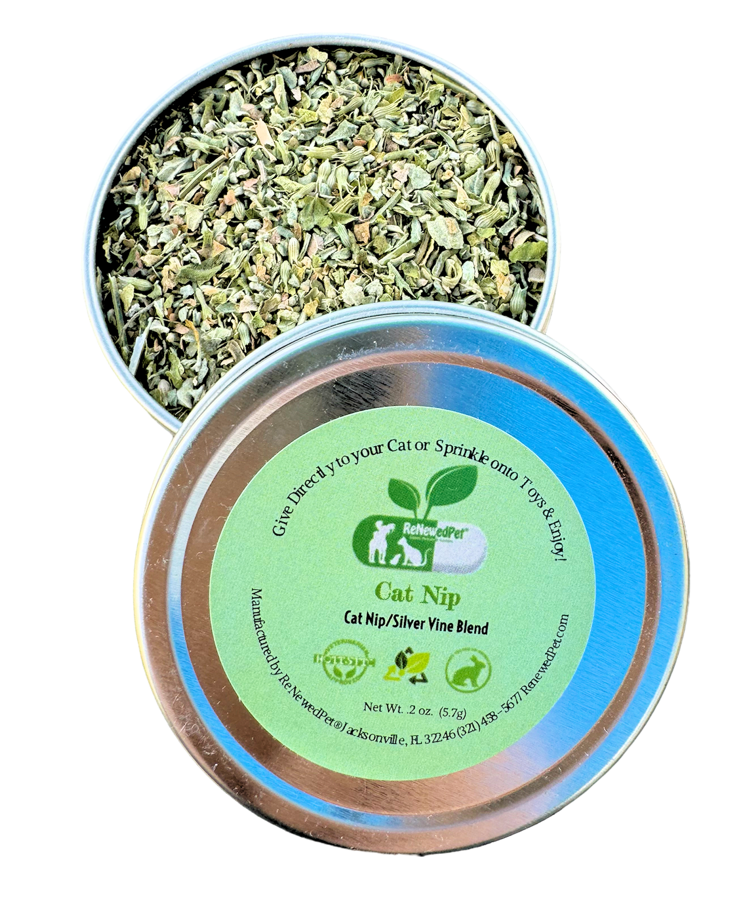 Organic catnip and silver vine mix from ReNewedPet, fun stuff for cats, shown in a clear image of the colorful packaging.
