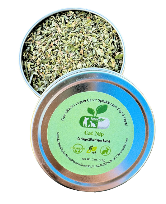 Organic catnip and silver vine mix from ReNewedPet, fun stuff for cats, shown in a clear image of the colorful packaging.