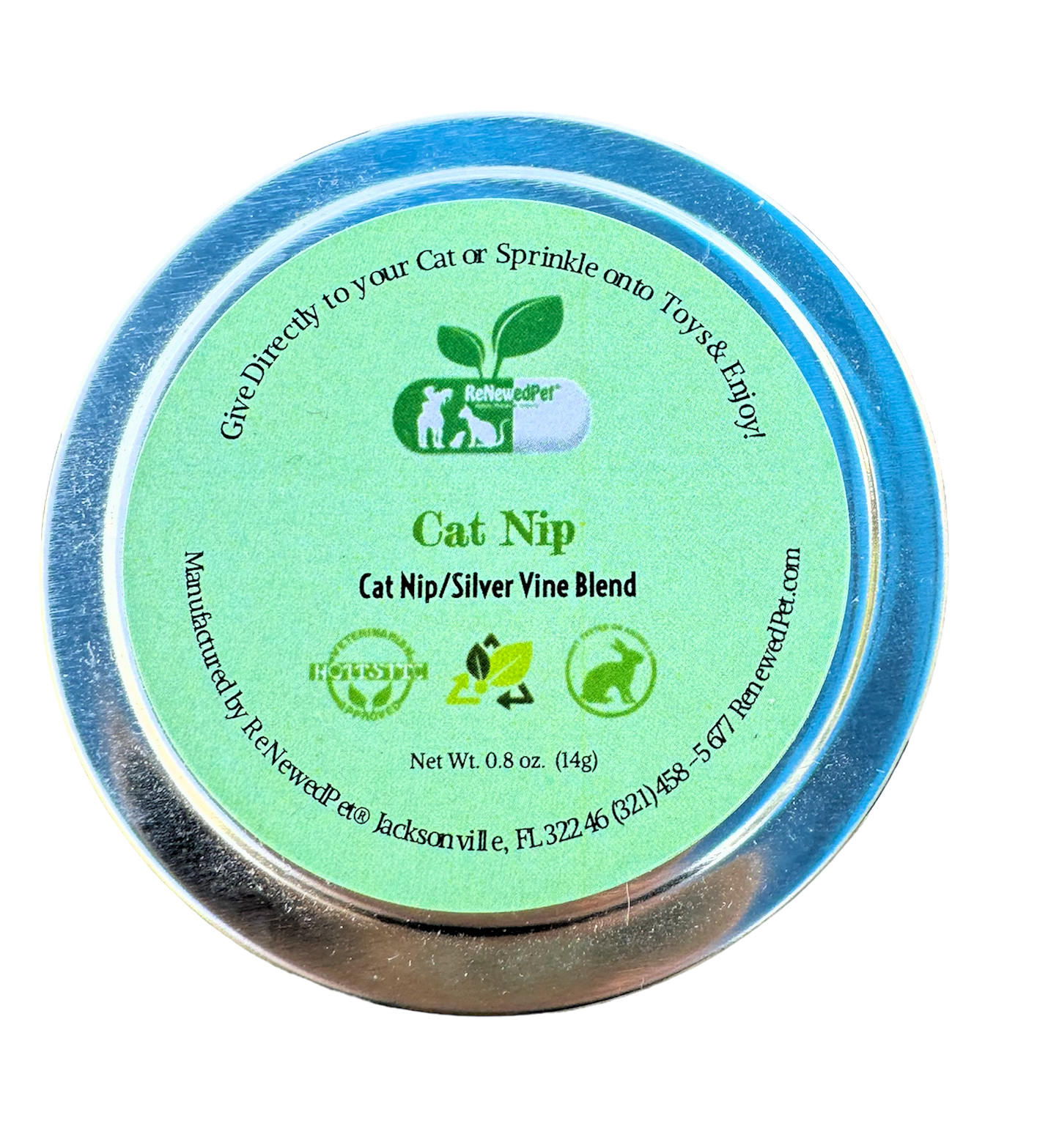 Organic catnip and silver vine mix for cats in fun plush packaging by ReNewedPet, designed to stimulate and entertain cats.