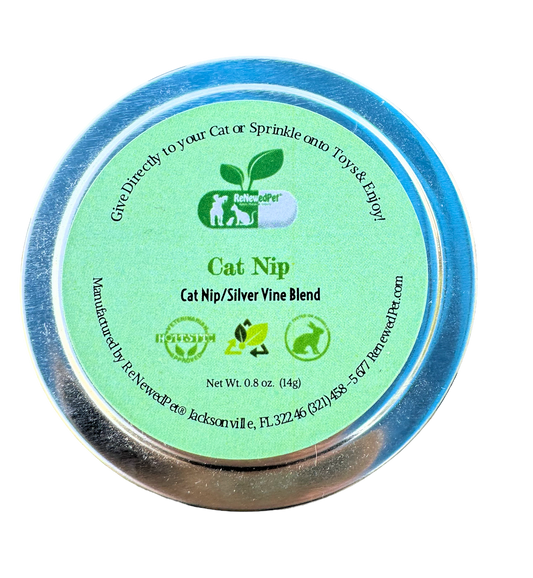 Organic catnip and silver vine mix for cats in fun plush packaging by ReNewedPet, designed to stimulate and entertain cats.