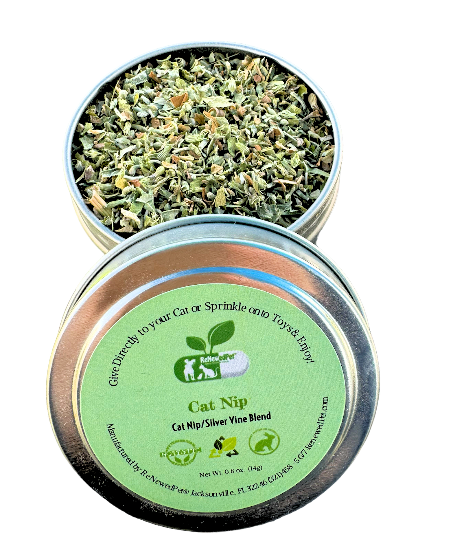 Organic catnip and silver vine mix in a fun stuff container, designed for stimulating cats, by ReNewedPet.