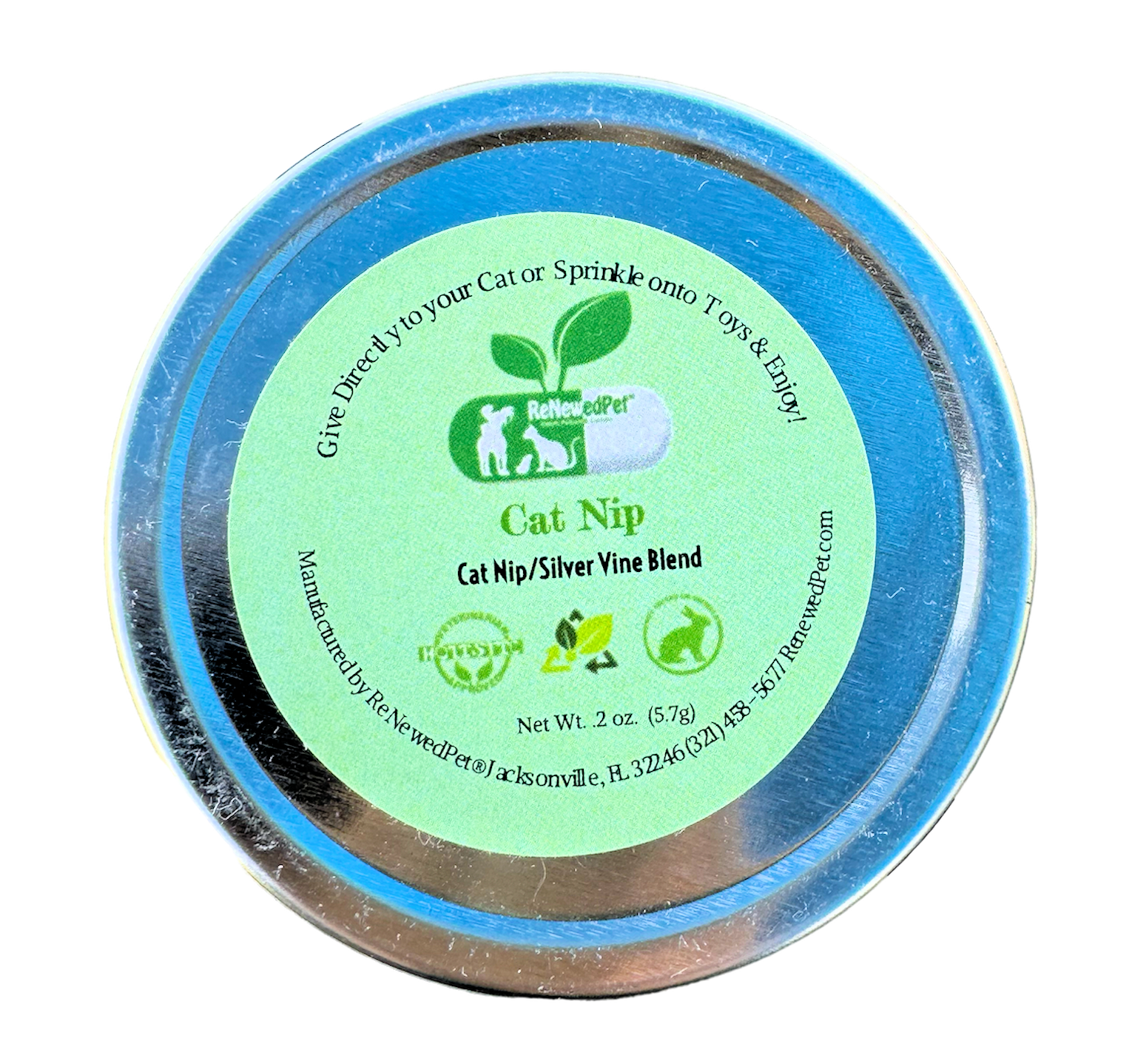Organic catnip and silver vine mix for cats, in a fun, small 0.2 oz to 0.75 oz package by ReNewedPet.