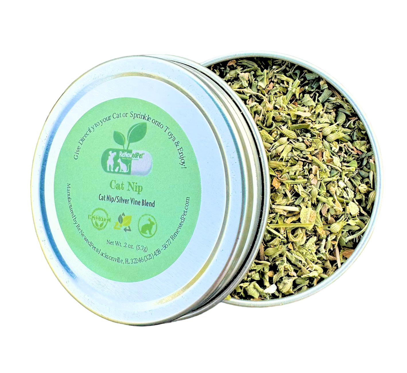 Organic catnip and silver vine mix fun stuff for cats, by ReNewedPet, shown in a small, resealable bag with fresh herbs.