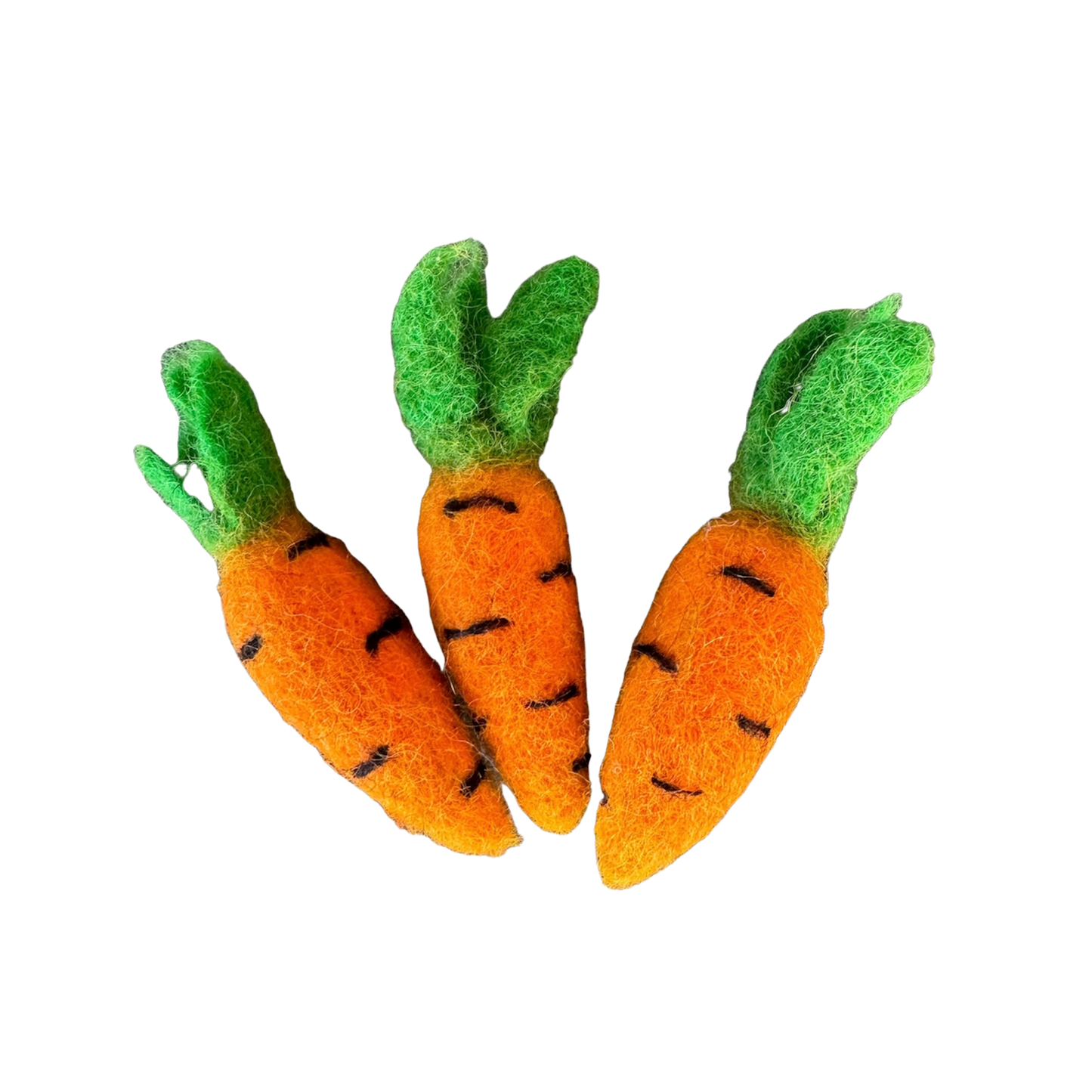 Felted ReNewedPet cat toy carrots, soft and colorful, designed for playful cats to chase and bat with realistic carrot shapes.