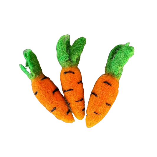 Felted ReNewedPet cat toy carrots, soft and colorful, designed for playful cats to chase and bat with realistic carrot shapes.