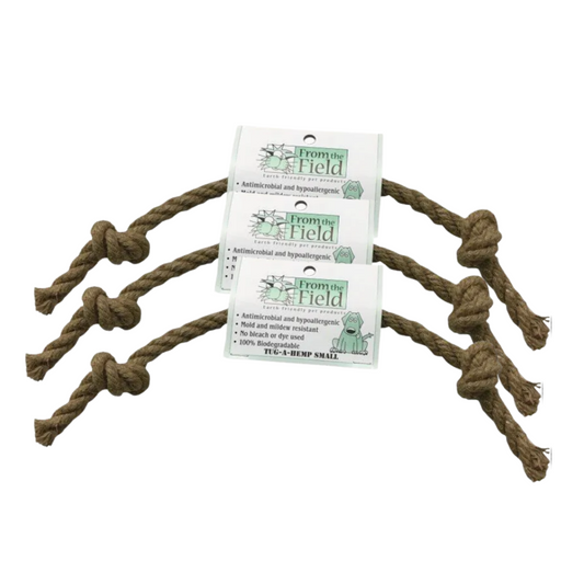 Natural hemp dog tug-toy from ReNewedPet's Fun Stuff collection, made of durable, eco-friendly hemp for active play.