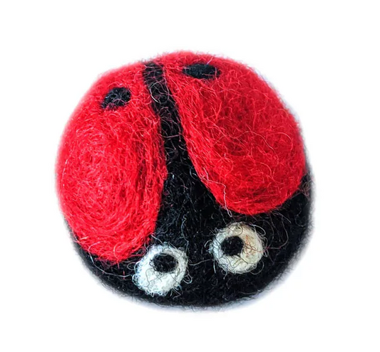 ReNewedPet Gina the Ladybug plush toy made of 100% wool, featuring a bright red body with black spots and cute antennae.