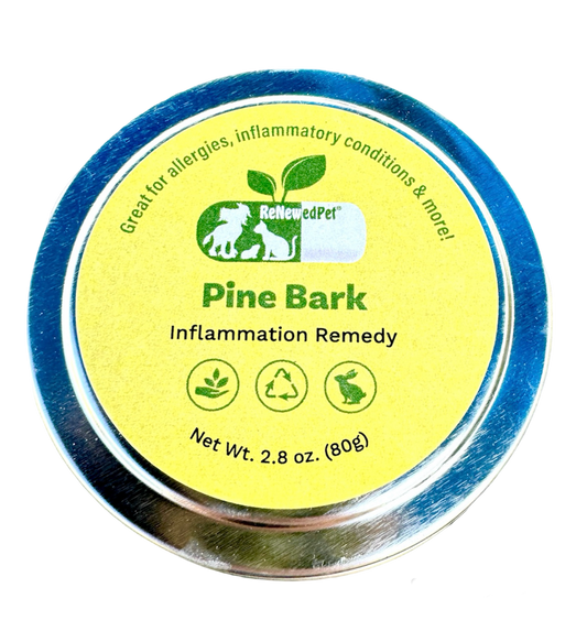 ReNewedPet inflammation support pine bark powder in 1.2 oz and 16.62 oz containers, natural health supplement for inflammation relief.