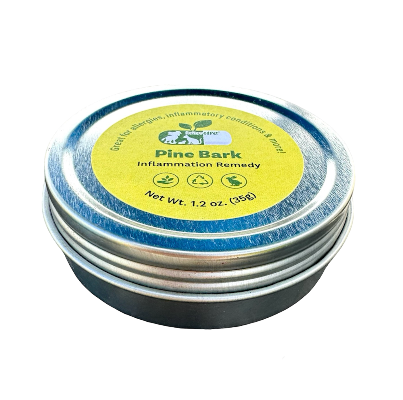 ReNewedPet inflammation support pine bark powder in a clear container, used for health and anti-inflammatory purposes.