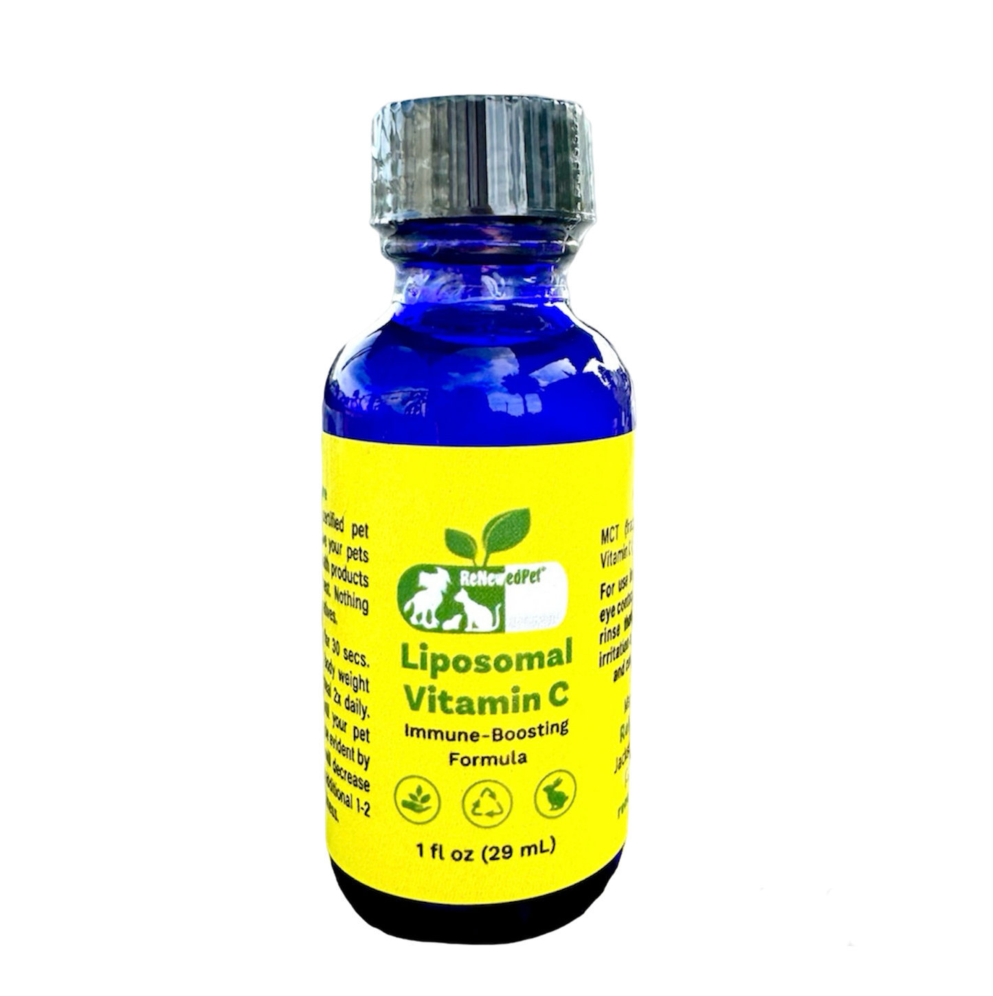 ReNewedPet immune health liquid pet vitamin C in a 1 oz bottle, designed to support pet immune systems and overall health.