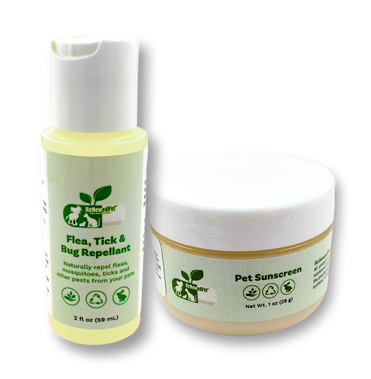 ReNewedPet outdoor safety pet grooming kit with sunscreen and flea, tick, bug repellent in 1oz and 2oz bottles