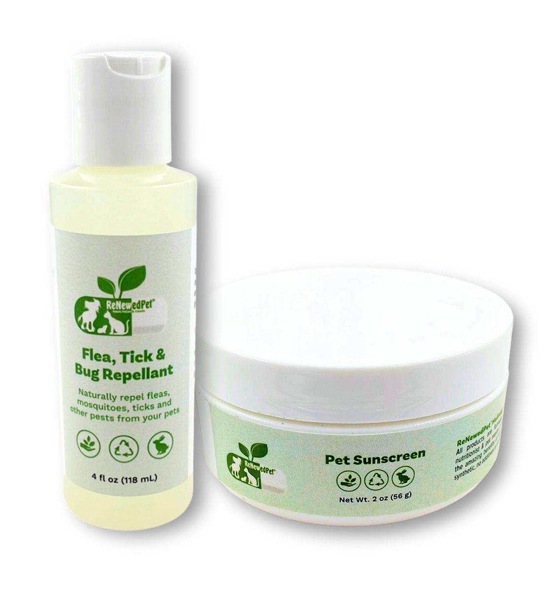 ReNewedPet outdoor safety kit with pet sunscreen and flea, tick, bug repellent in 1oz and 2oz bottles, for pet grooming outdoors