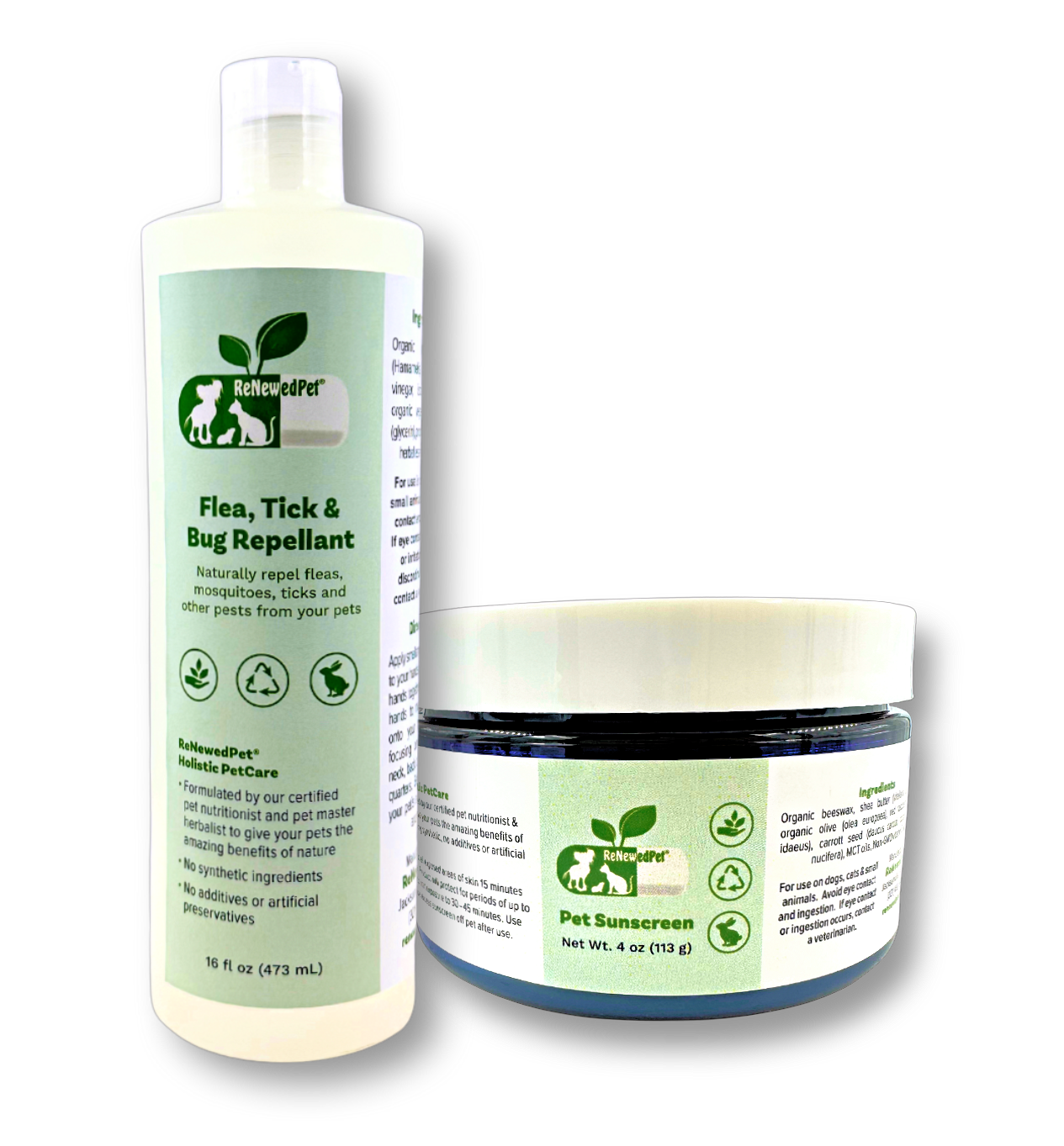ReNewedPet outdoor safety kit with sunscreen and flea, tick, bug repellent for pet grooming, shown in a compact package.