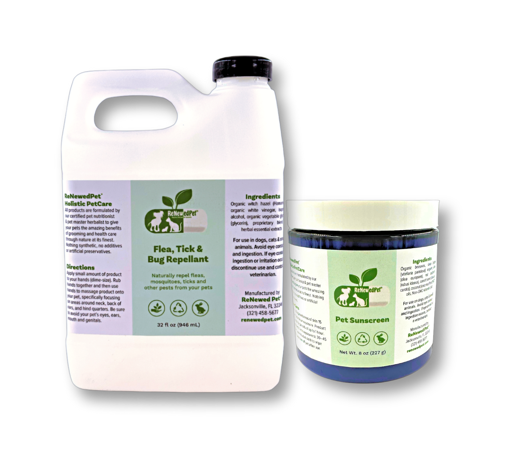 ReNewedPet outdoor safety kit for pets including sunscreen and flea, tick, bug repellent bottles, pet grooming essentials.