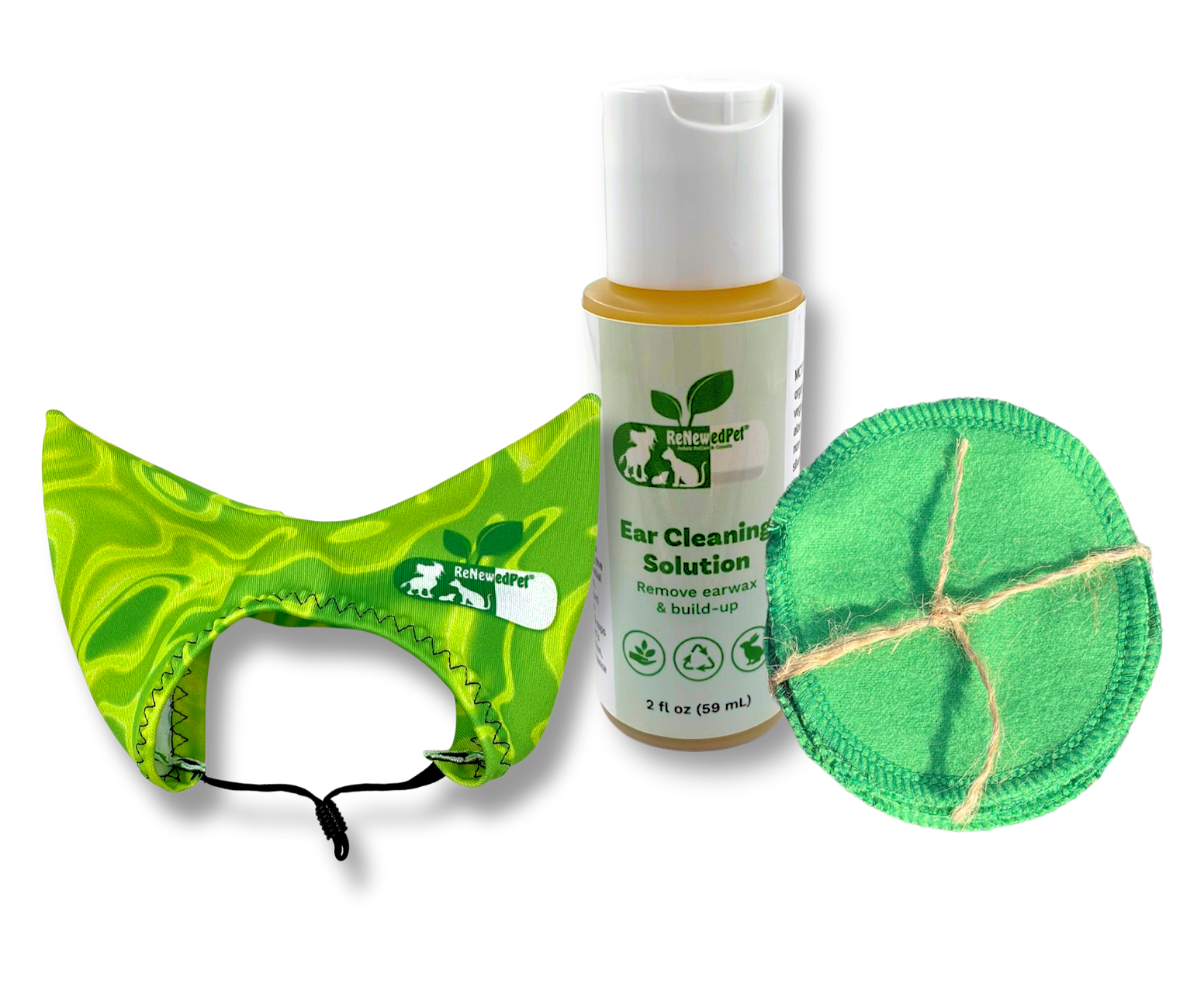 ReNewedPet Ear Care Kit with 2 oz ear drops for pets, includes 10-pack grooming supplies for clean and healthy ears.