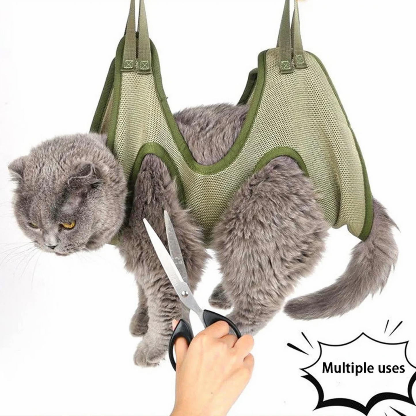 ReNewedPet pet grooming sling for comfortable, secure pet grooming sessions with adjustable straps and durable fabric.