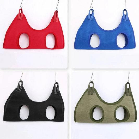 ReNewedPet pet grooming sling shown with soft straps and adjustable features for easy grooming of cats and dogs.
