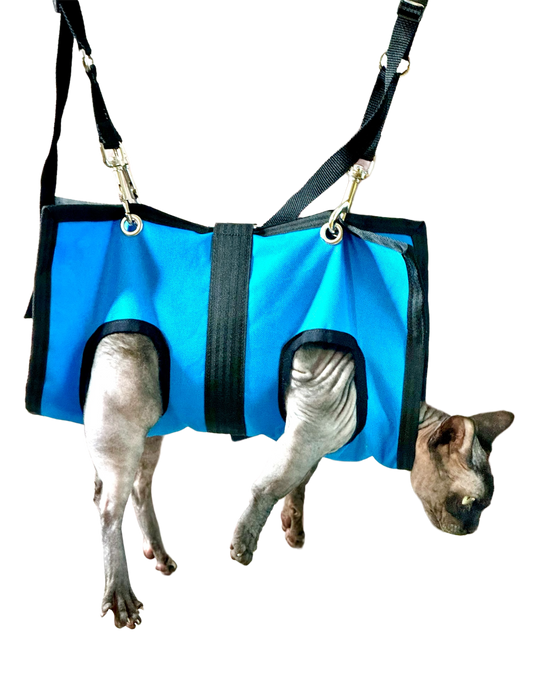 Black pet grooming sling by ReNewedPet, designed for comfortable and secure grooming of small pets.