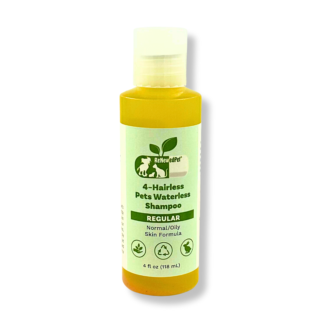 ReNewedPet pet health grooming samples featuring hairless pets with regular bath shampoo for pet hygiene and skincare.