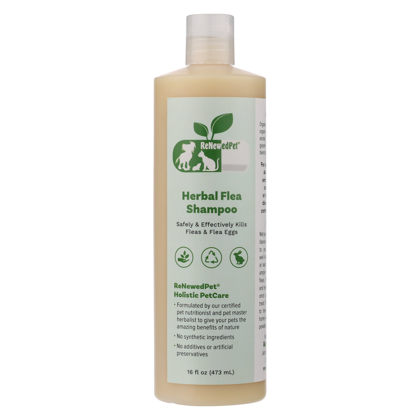 ReNewedPet Herbal Flea Shampoo for pets, 8 oz, natural pet health grooming product with herbal ingredients for flea relief.