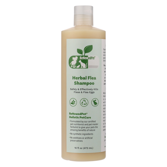 ReNewedPet Herbal Flea Shampoo for pets, 8 oz, natural pet health grooming product with herbal ingredients for flea relief.