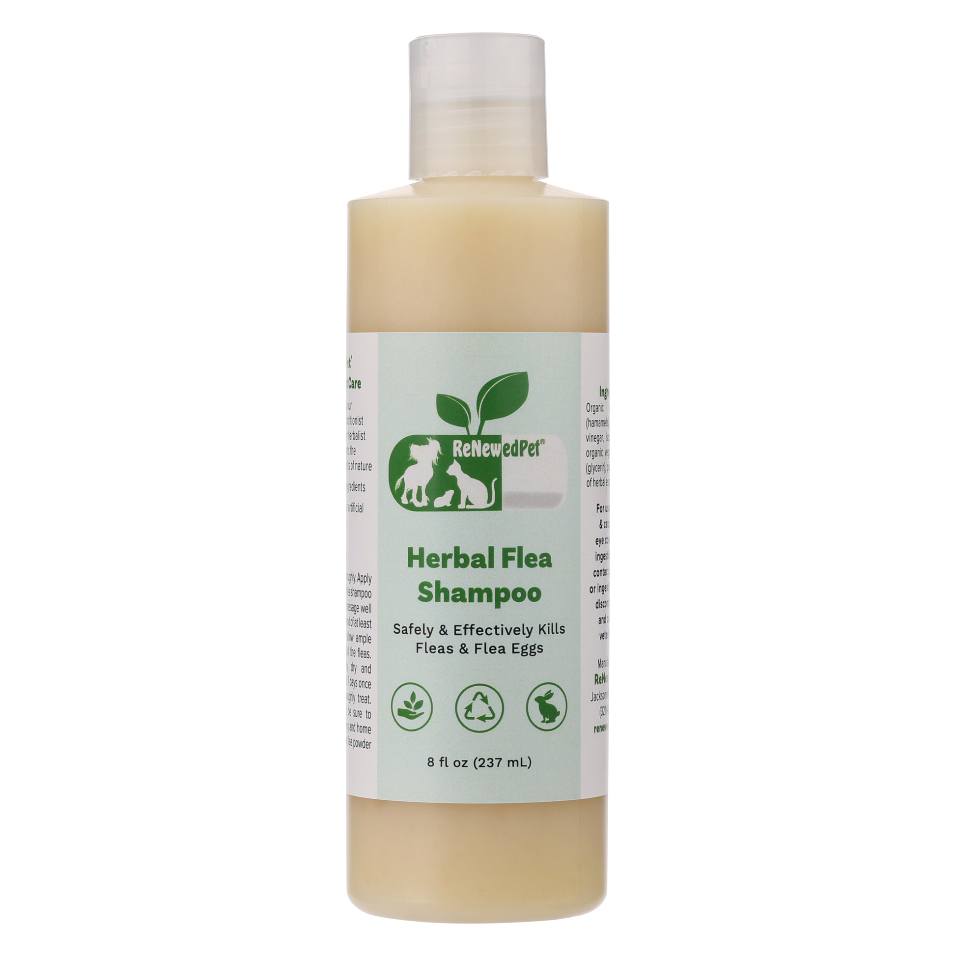 ReNewedPet Herbal Flea Shampoo for pets, 8 oz bottle, natural pet health grooming product with herbal ingredients.