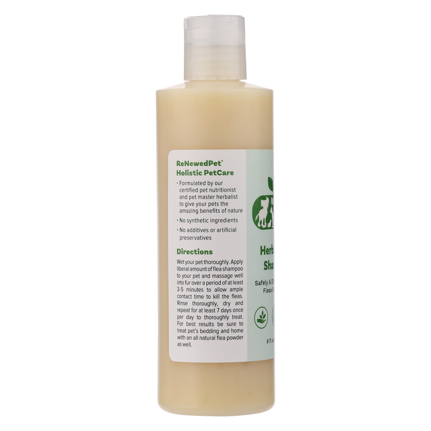 ReNewedPet Herbal Flea Shampoo for pets, 8 oz bottle, natural pet health grooming product with herbal ingredients.