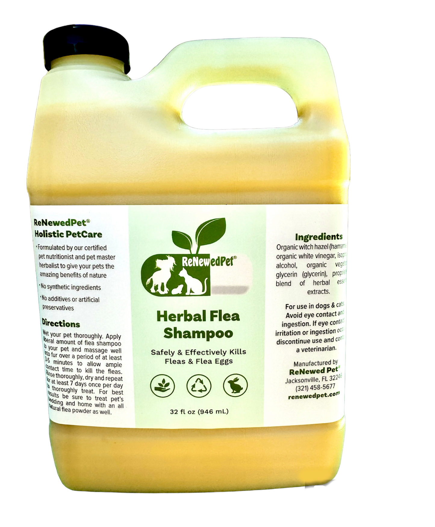 ReNewedPet Herbal Flea Shampoo for pets, 8 oz bottle, natural pet health grooming product with herbal ingredients in a pump bottle.