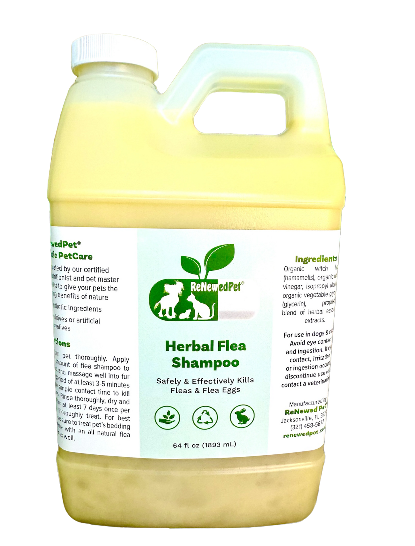 ReNewedPet Herbal Flea Shampoo for pets, 8 oz, natural pet health grooming product with herbal ingredients.