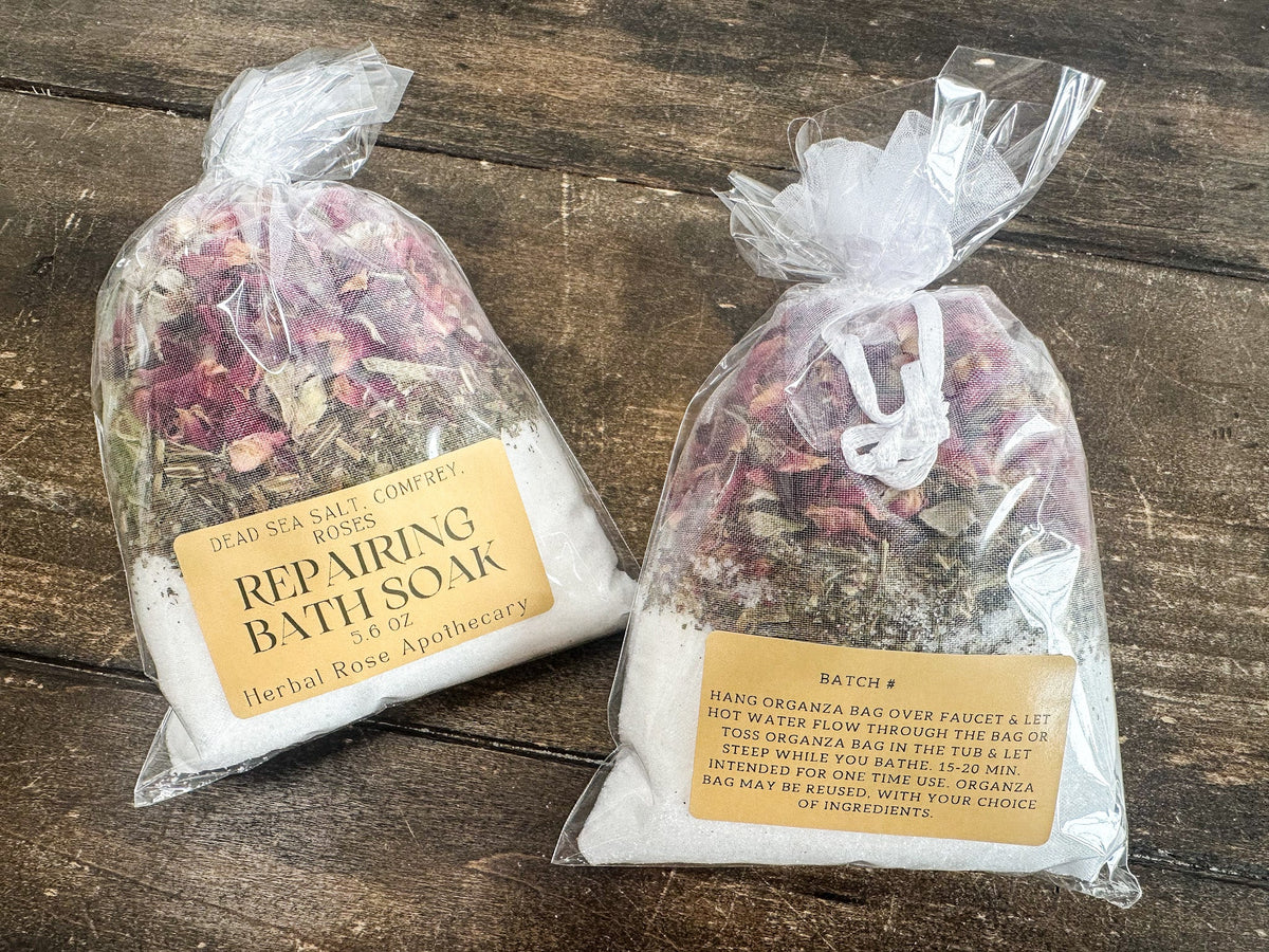 Herbalroseapothecary herbal bath soak with dried herbs and natural ingredients, relaxing and soothing in a clear glass jar