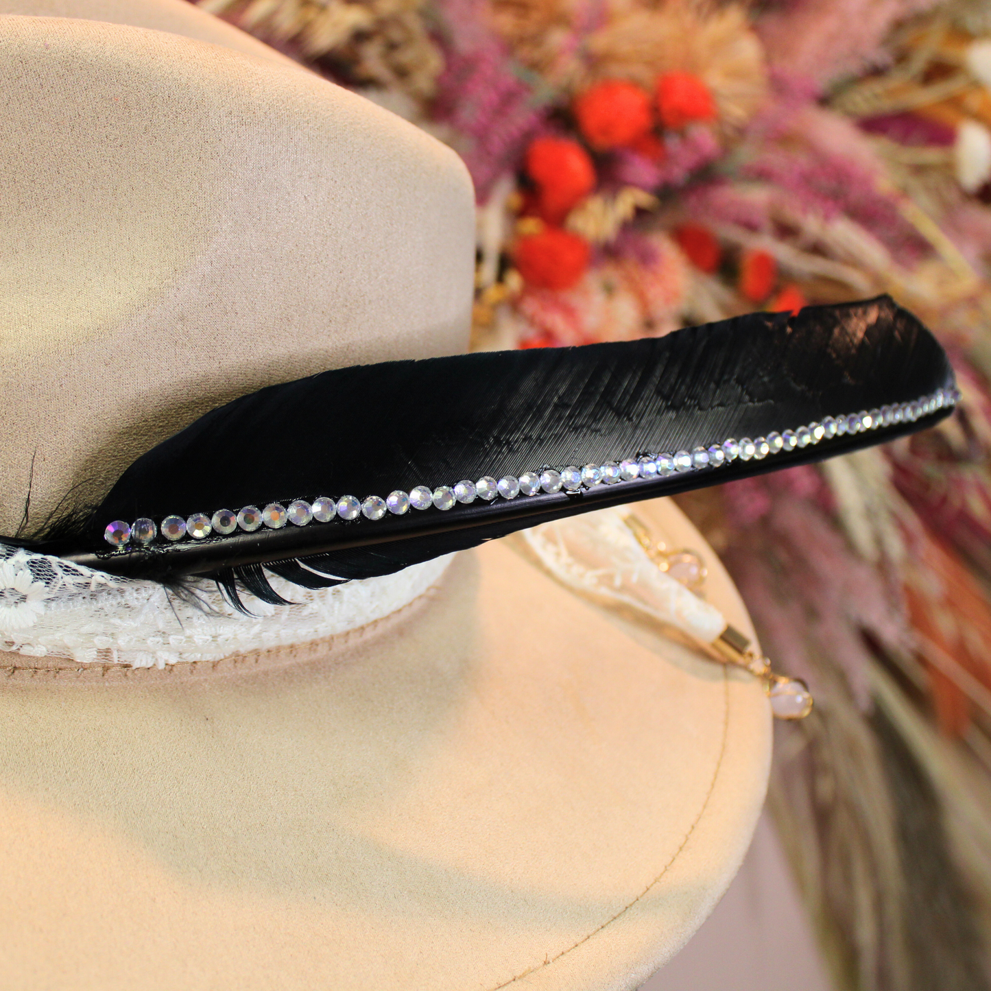 Hand-Studded Rhinestone Black Turkey Pointer Feathers | Handmade Western Hat Accessories | Boho Festival Hat Decor