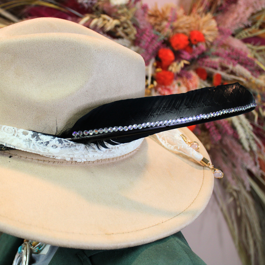 Hand-Studded Rhinestone Black Turkey Pointer Feathers | Handmade Western Hat Accessories | Boho Festival Hat Decor