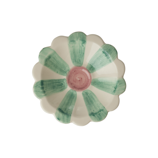 Ceramic Flower Dipping Bowl with Soft Green Hand Painted Stripes - Blessings Grow Meadows -