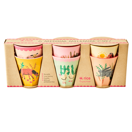 Melamine Kids Cups in Pink Farm Prints - Medium - 6 pcs. in Gift Box - Blessings Grow Meadows -