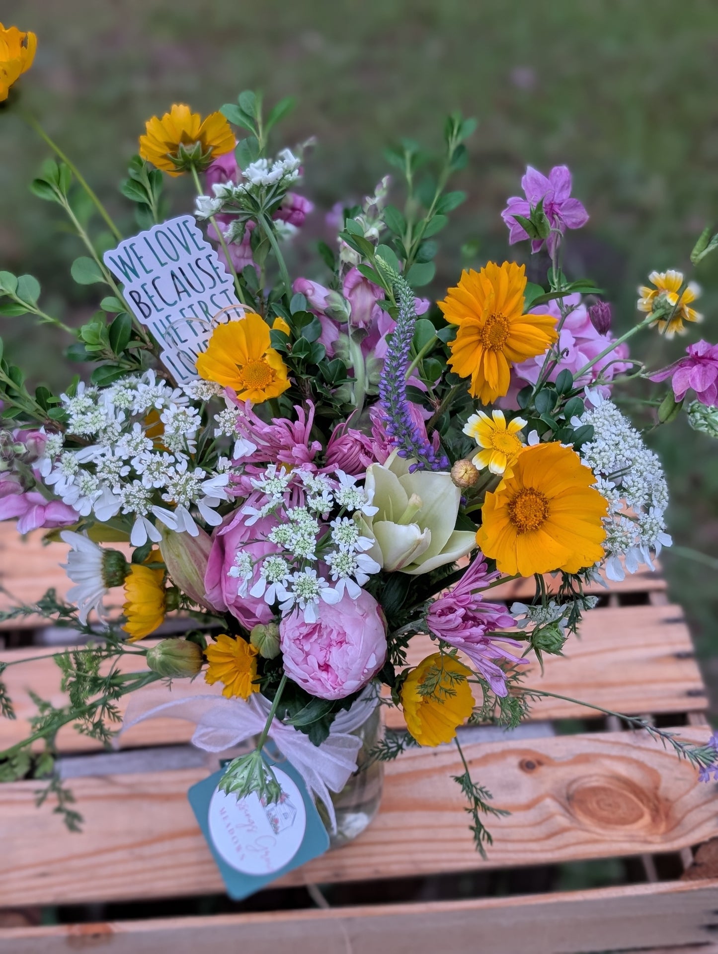 Fresh cut floral arrangement featuring colorful blossoms from Blessings Grow Meadows, perfect for events or decorations.