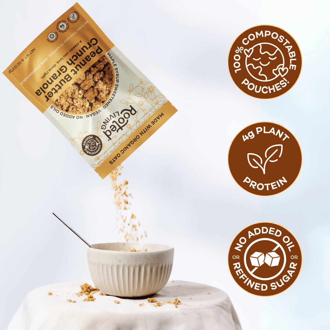 Canned Rooted Living Peanut Butter Crunch Granola in a sealed metal can, showing the product label and packaging.