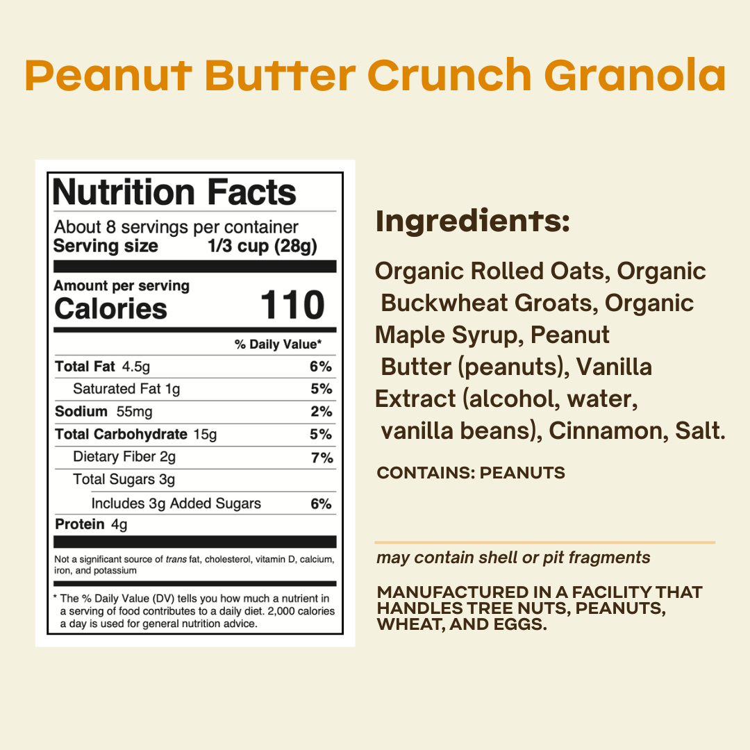 Canned peanut butter crunch granola by Rooted Living in a metal can with a label showing granola and peanut butter flavor.