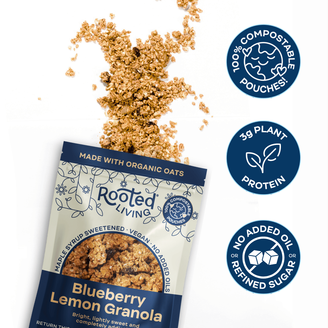 Blueberry Lemon Granola by Rooted Living, showing a bowl of crunchy granola with blueberries and lemon zest pieces.