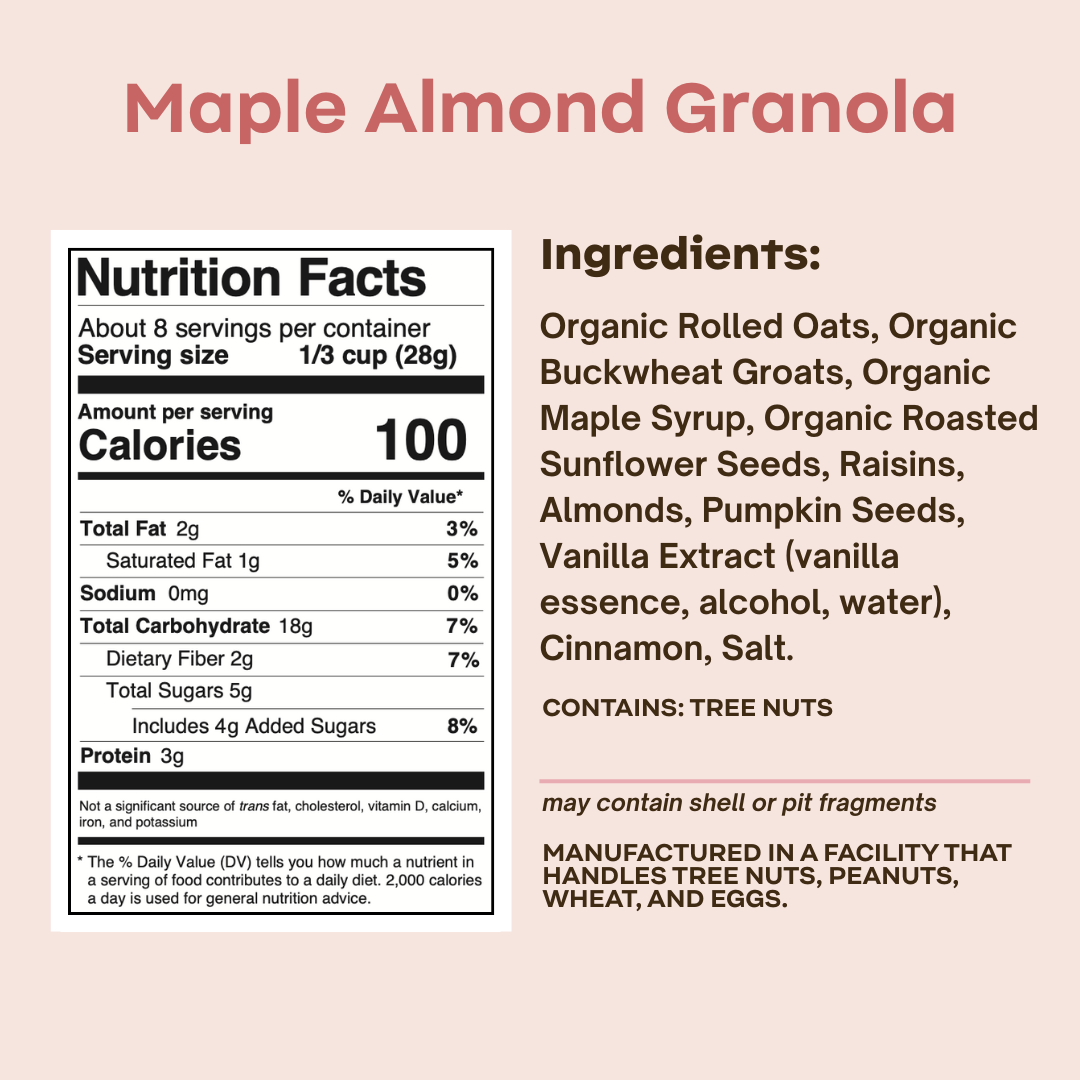 Bag of Rooted Living Maple Almond Granola with visible clusters and almonds in a clear package.