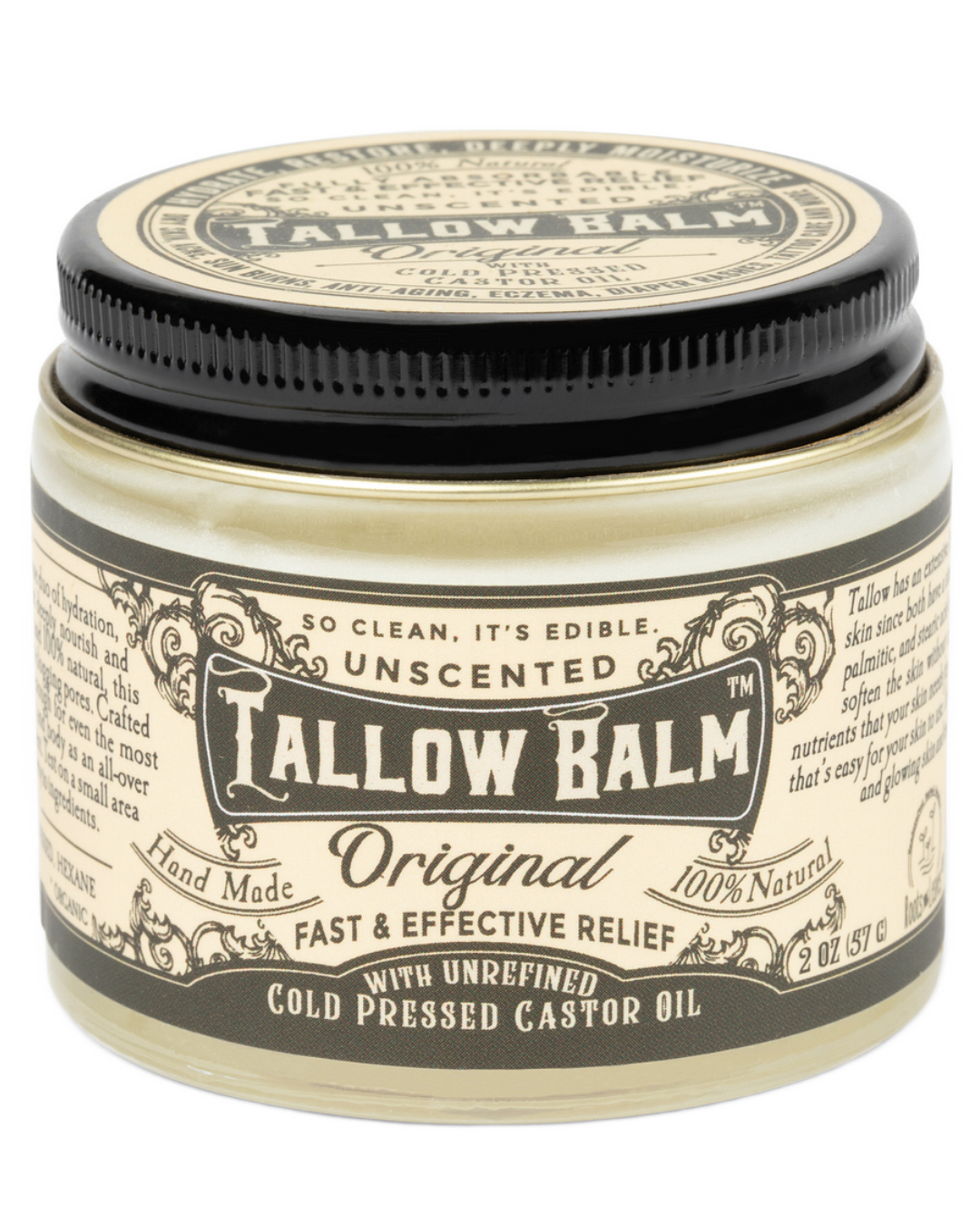 Beef tallow balm from Roots and Leaves LLC, unscented with organic castor oil, in a jar with a natural, creamy appearance.