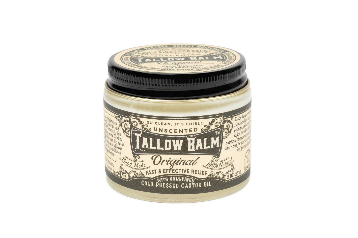 Beef tallow balm by Roots and Leaves LLC with organic castor oil, unscented, in a jar, showing the natural creamy texture.