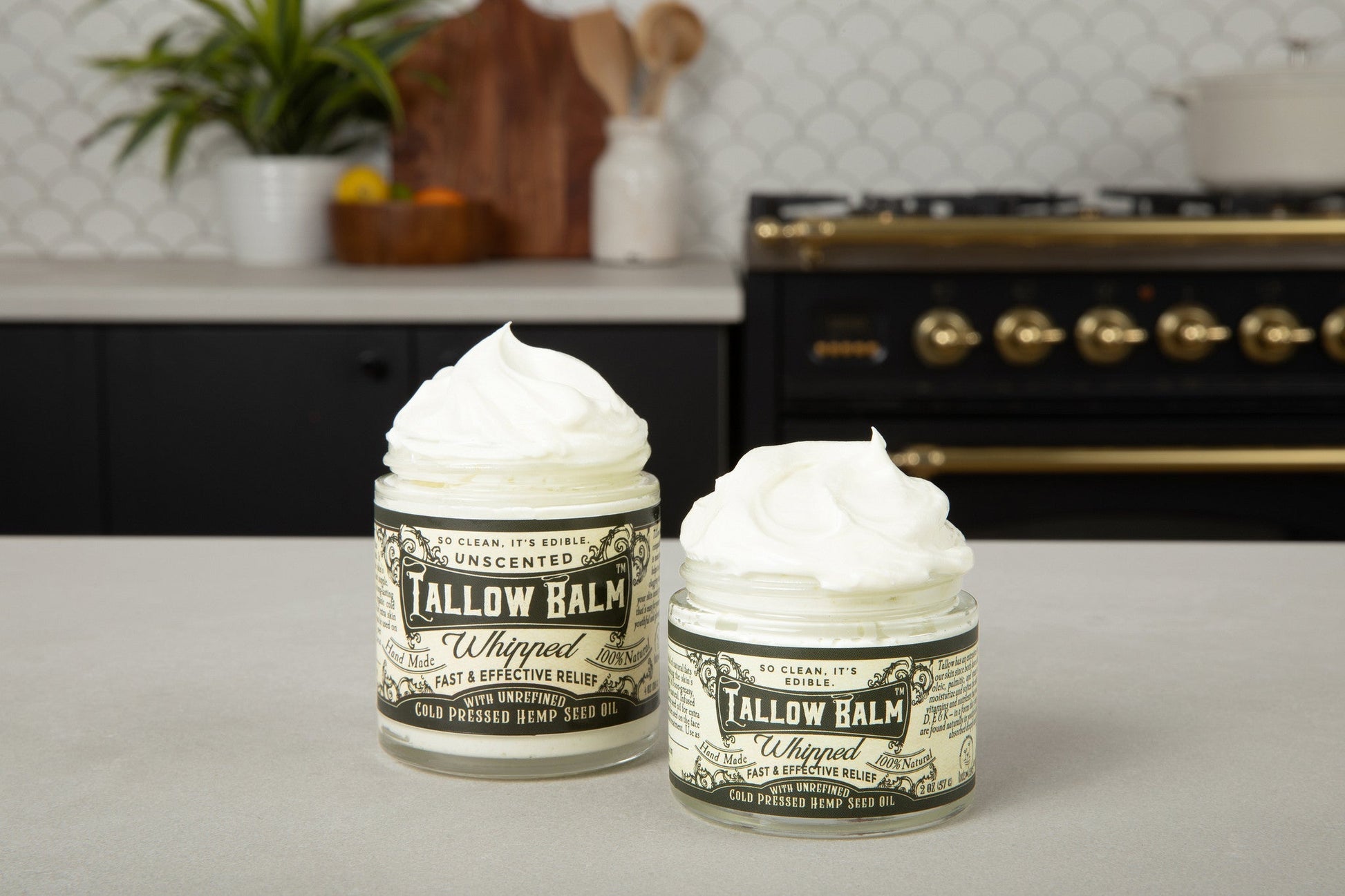 Whipped Tallow Balm body cream with hemp seed oil in a 2 oz jar, nourishing and moisturizing skin naturally.